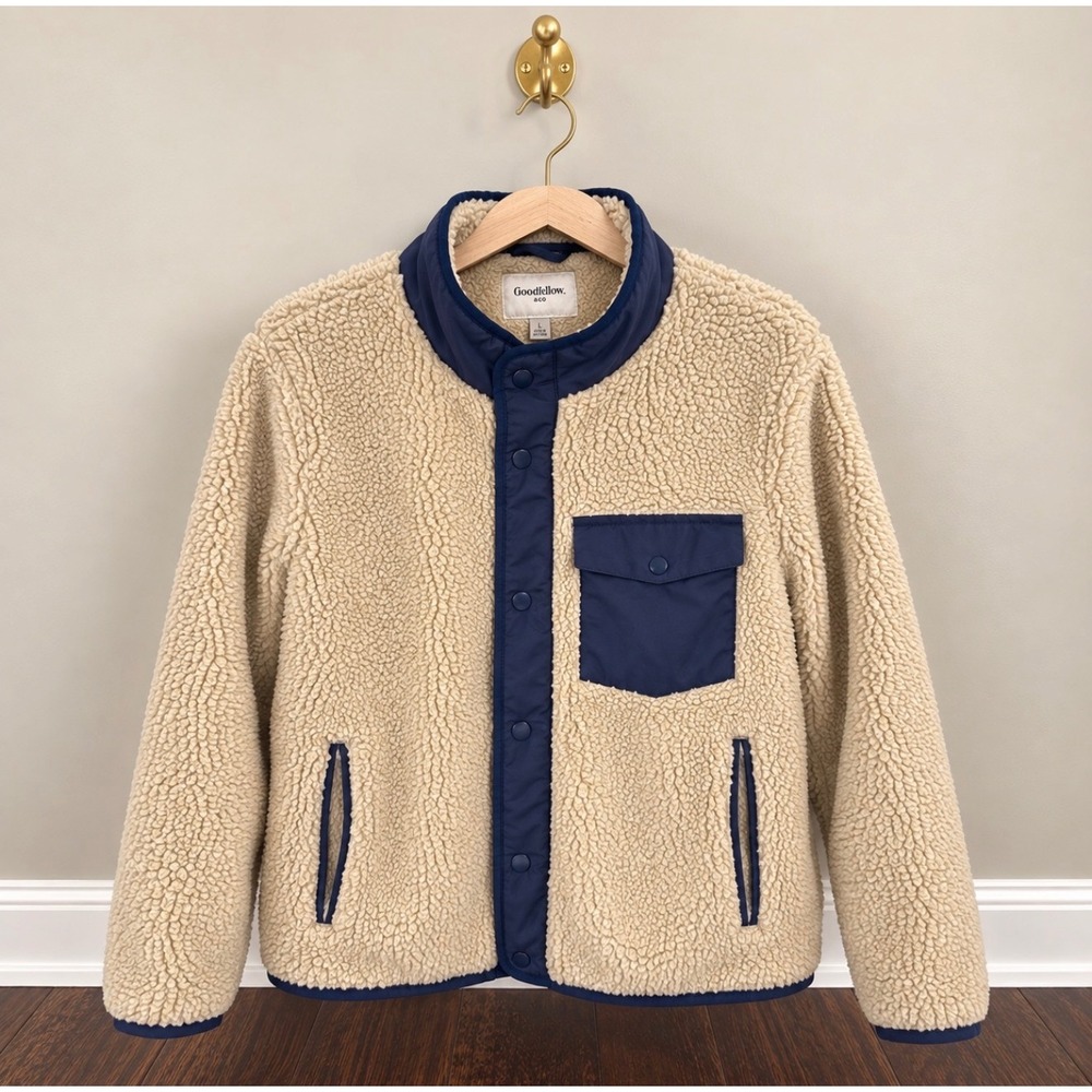 Goodfellow & Co Mens Sherpa Fleece Jacket Cream Navy Blue Snap Front L